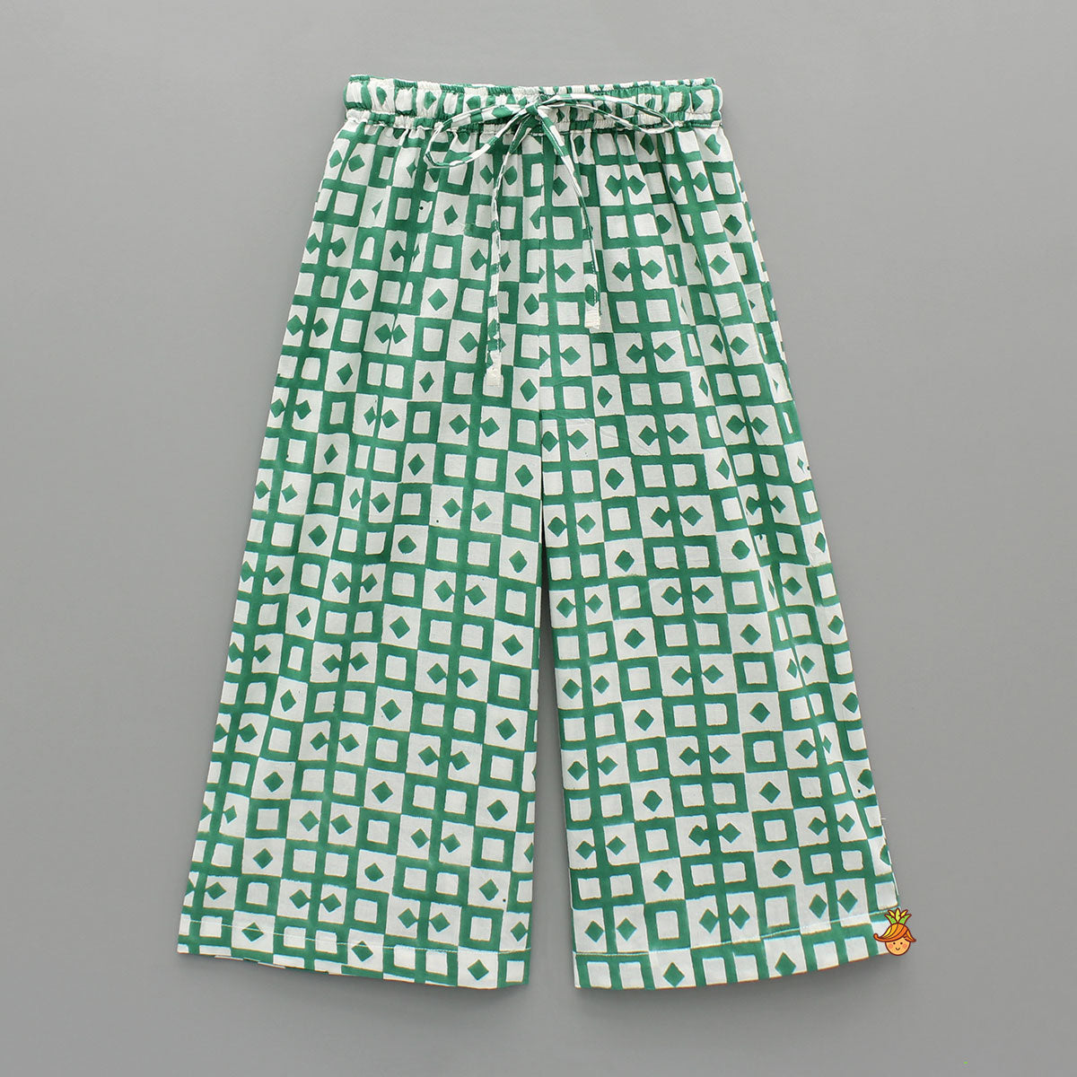 Green Asymmetric Printed Top With Palazzo And Matching Necklace