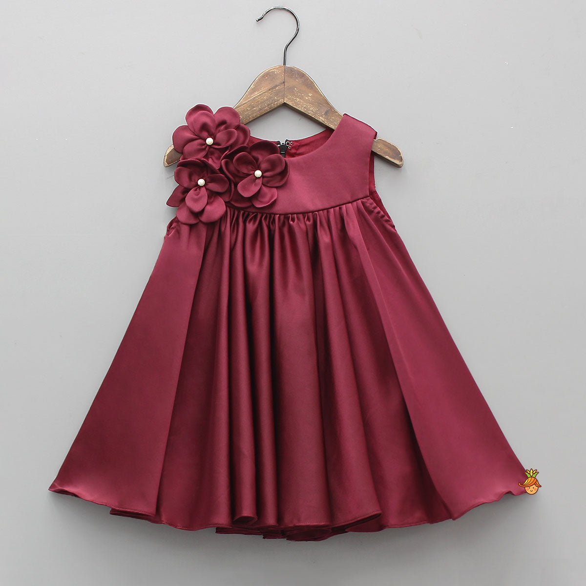 Maroon Flared Dress With Floral Embellishments for 4 - 5 Years - Dresses - By Little Muffet Maroon Flared Dress With Floral Embellishments for 4 - 5 Years - Dresses - By Little Muffet