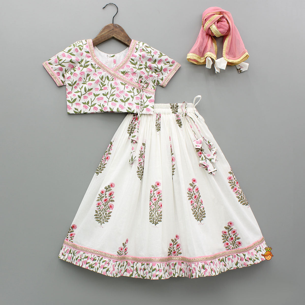 Printed Multicolour Top With Hand Block Printed Flared Lehenga And Pleated Dupatta