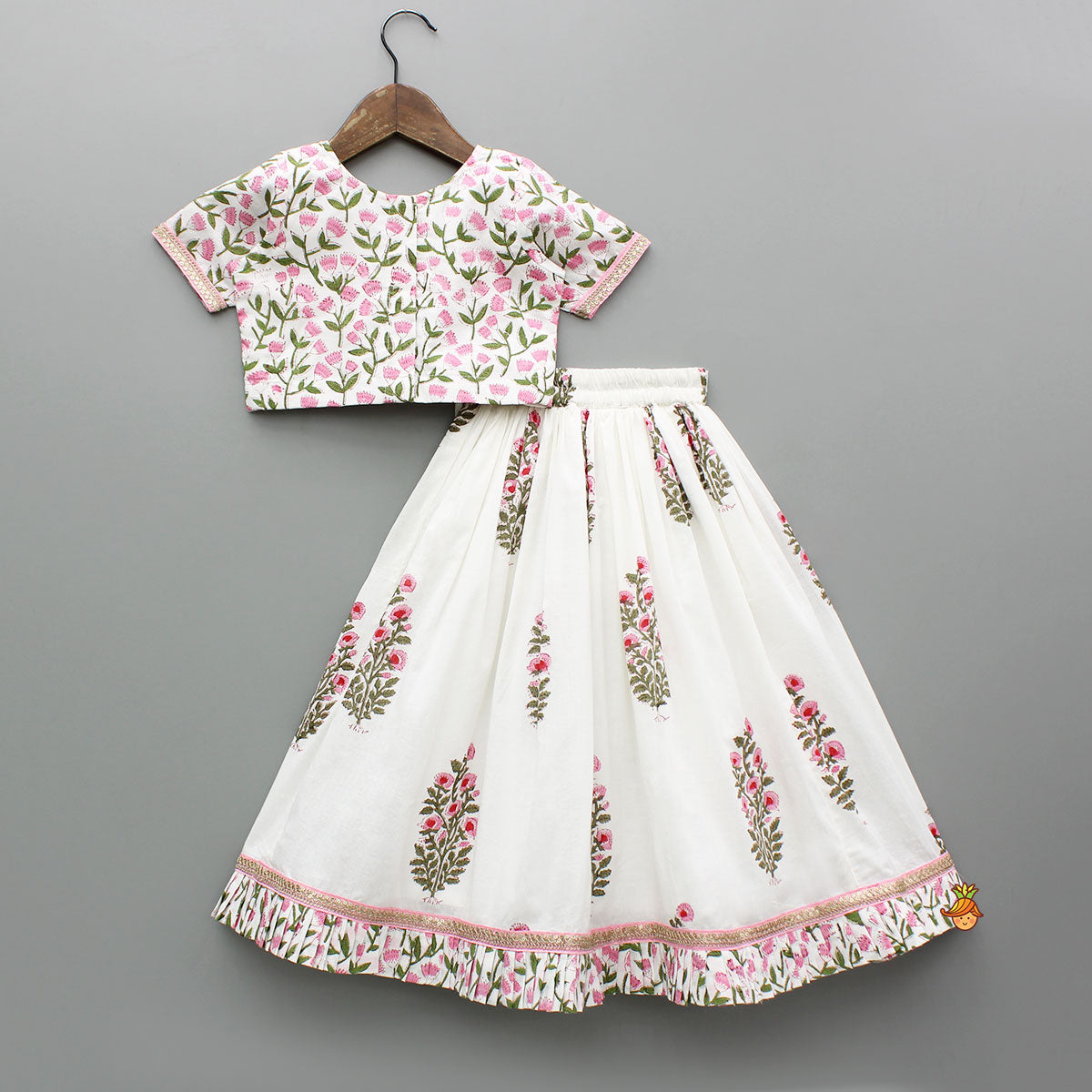 Printed Multicolour Top With Hand Block Printed Flared Lehenga And Pleated Dupatta