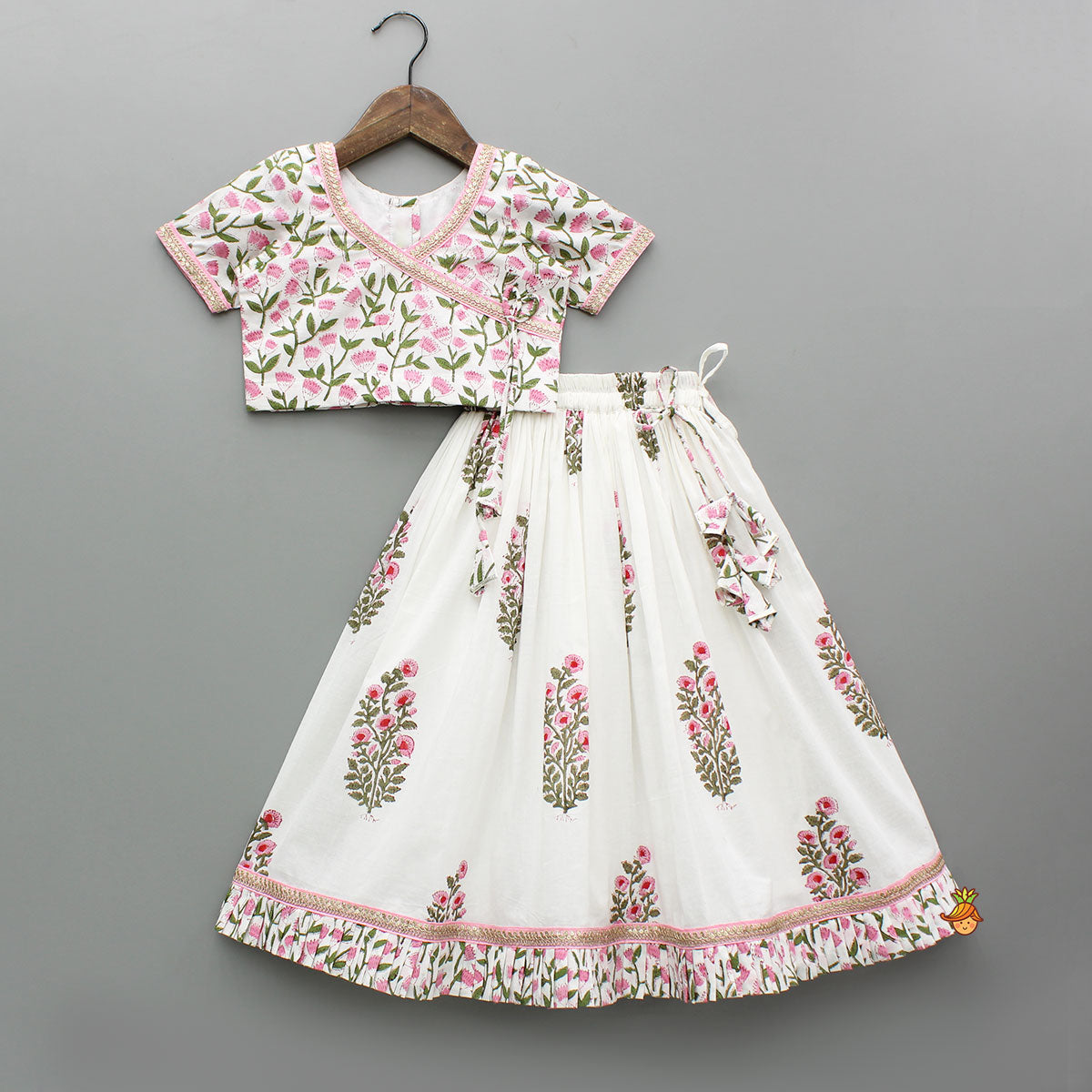 Printed Multicolour Top With Hand Block Printed Flared Lehenga And Pleated Dupatta