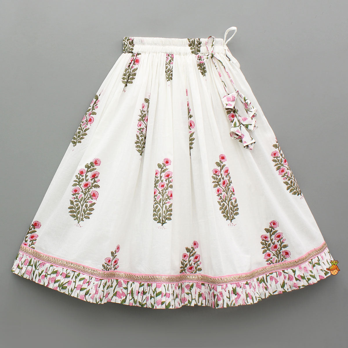 Printed Multicolour Top With Hand Block Printed Flared Lehenga And Pleated Dupatta