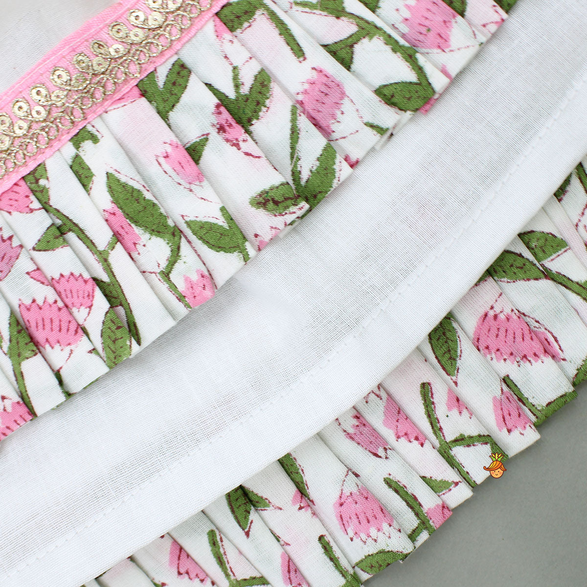 Printed Multicolour Top With Hand Block Printed Flared Lehenga And Pleated Dupatta