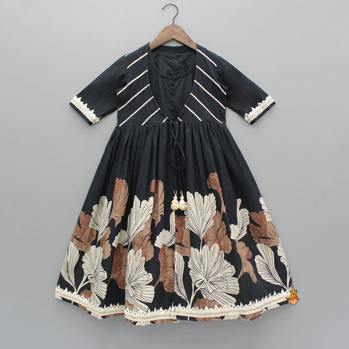 Black Kurti With Printed Gota Lace Detailed Front Open Jacket