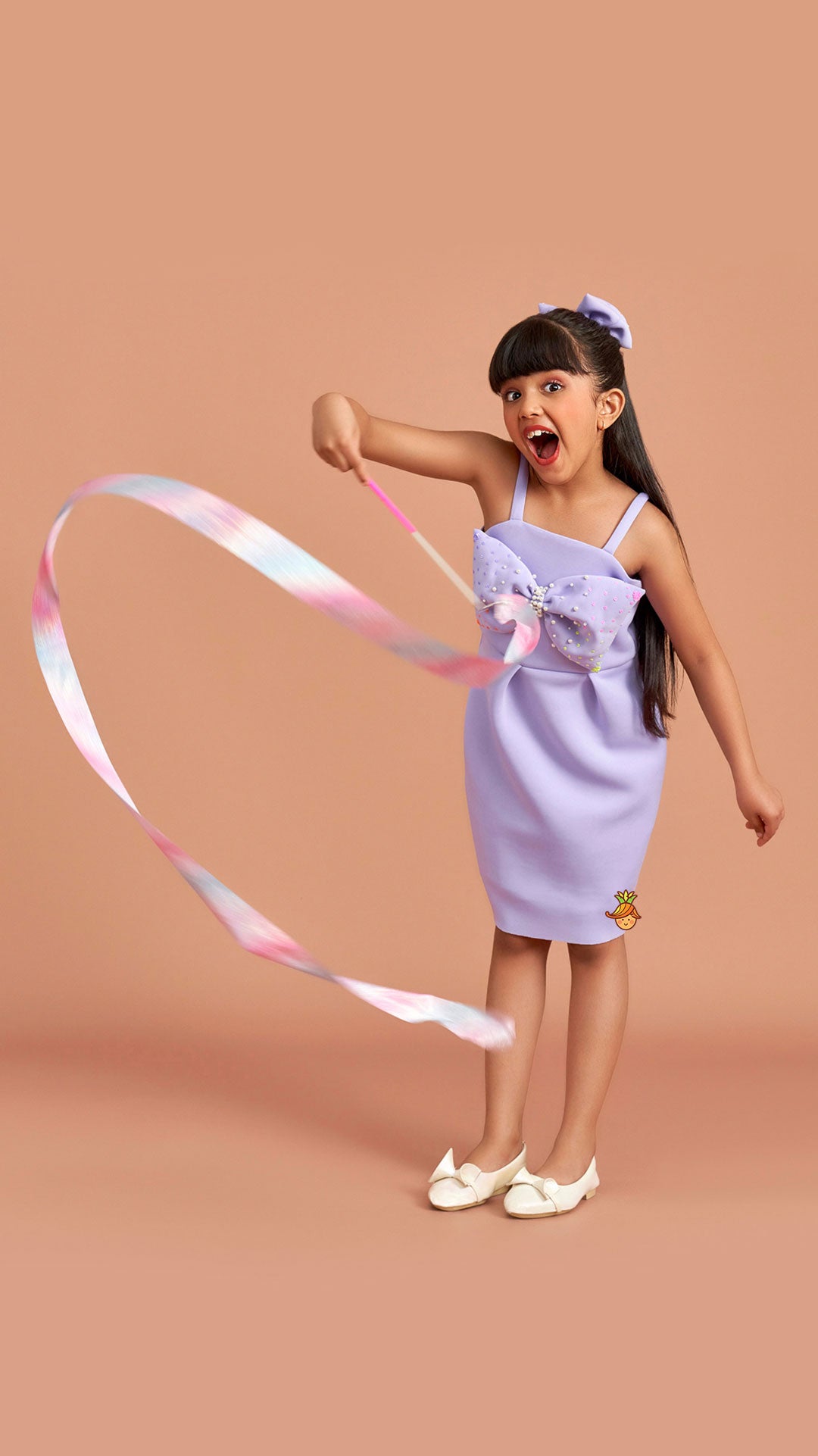 Lavender Bow Embellished Strappy Dress With Matching Bow Hairclip