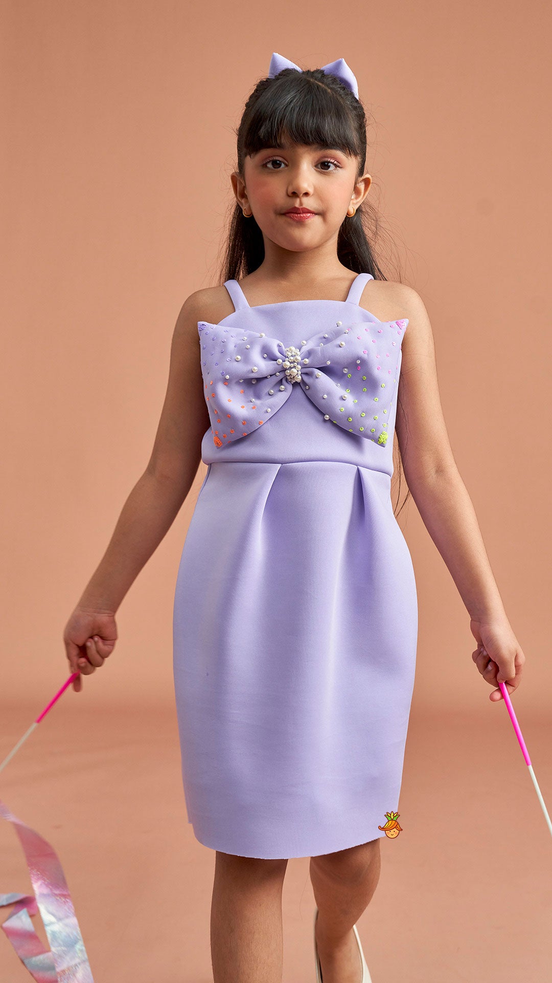 Lavender Bow Embellished Strappy Dress With Matching Bow Hairclip