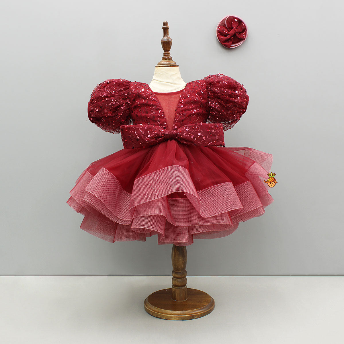Maroon Sequined Ruffled Dress With Bows And Matching Swirled Bow Hairclip