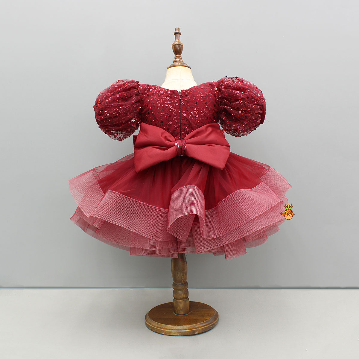 Maroon Sequined Ruffled Dress With Bows And Matching Swirled Bow Hairclip