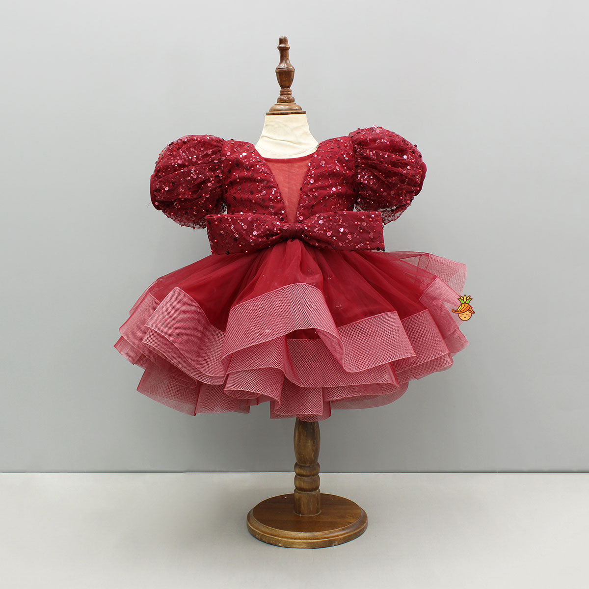 Maroon Sequined Ruffled Dress With Bows And Matching Swirled Bow Hairclip