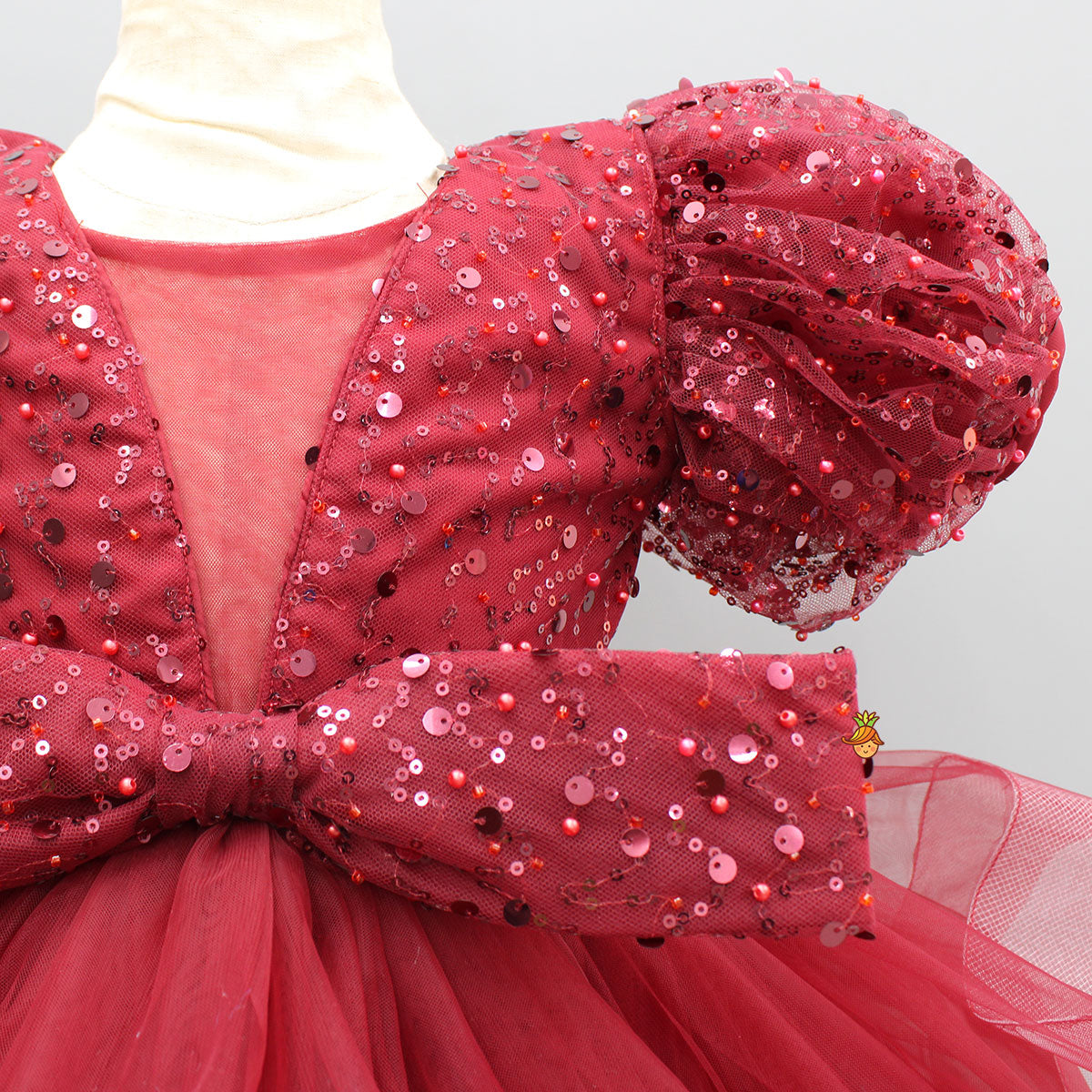 Maroon Sequined Ruffled Dress With Bows And Matching Swirled Bow Hairclip