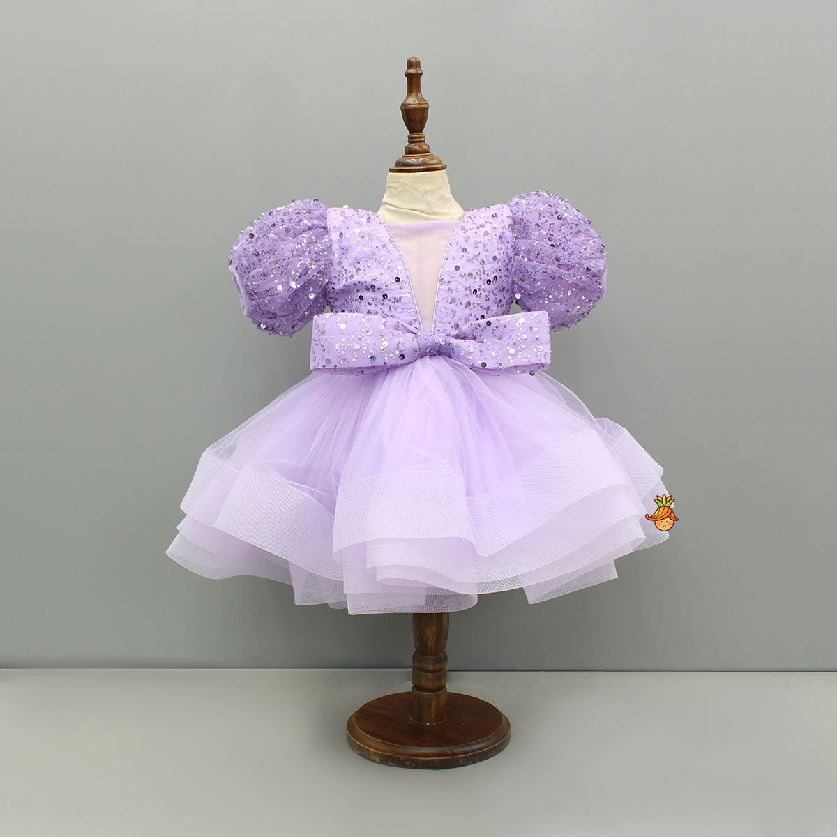 Sequined Ruffled Lavender Dress With Bows And Matching Swirled Bow Hairclip