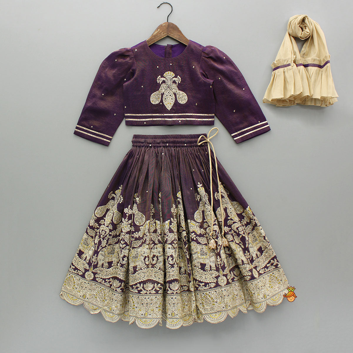 Purple Yoke-Embroidered Shimmery Top And Lehenga With Dupatta