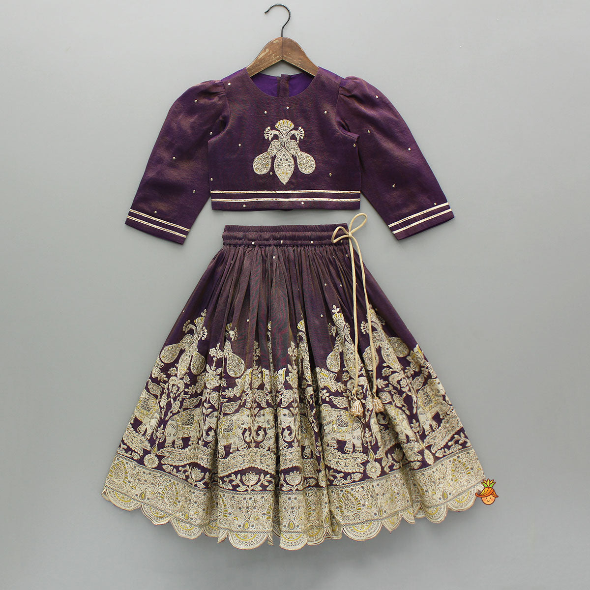 Purple Yoke-Embroidered Shimmery Top And Lehenga With Dupatta