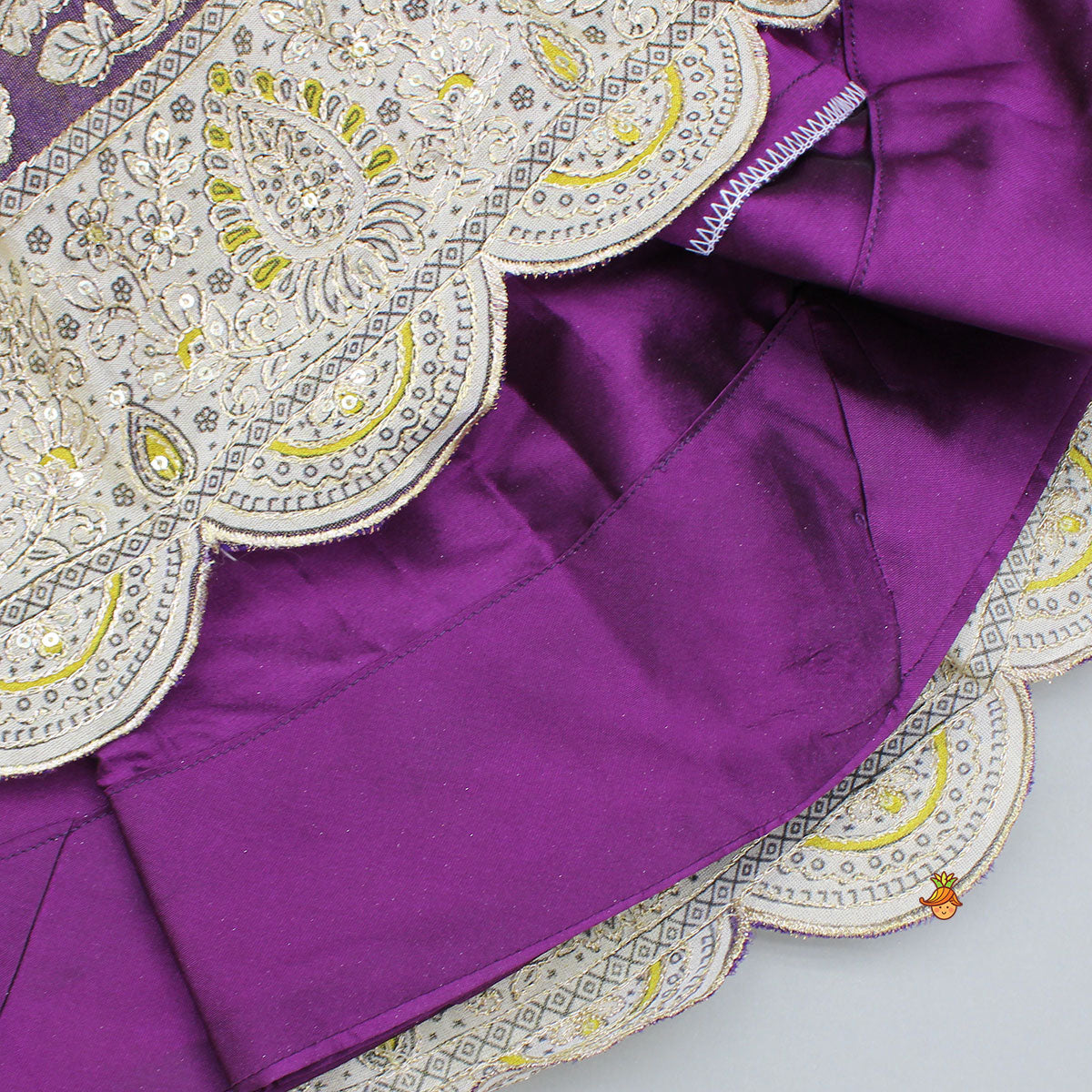 Purple Yoke-Embroidered Shimmery Top And Lehenga With Dupatta