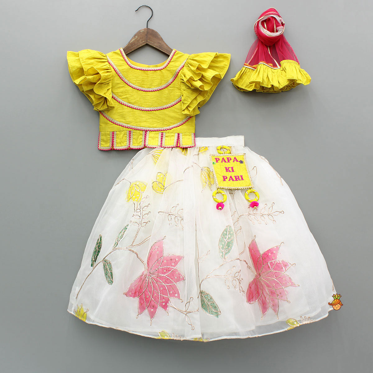 Yellow Lace Detailed Top And Lehenga With Dupatta