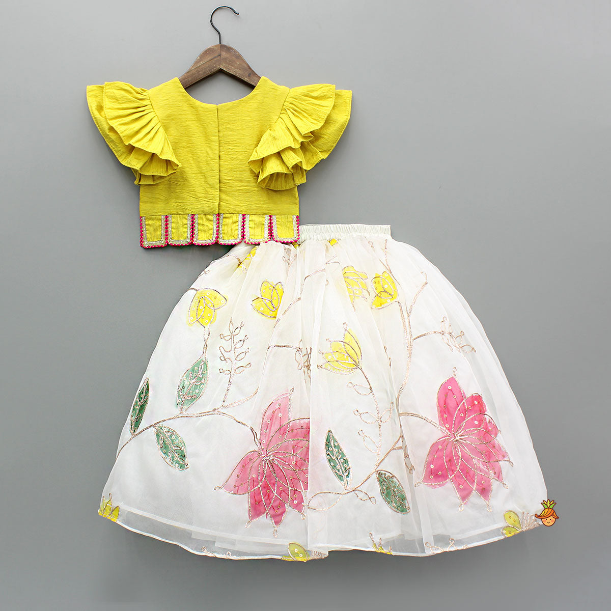 Yellow Lace Detailed Top And Lehenga With Dupatta