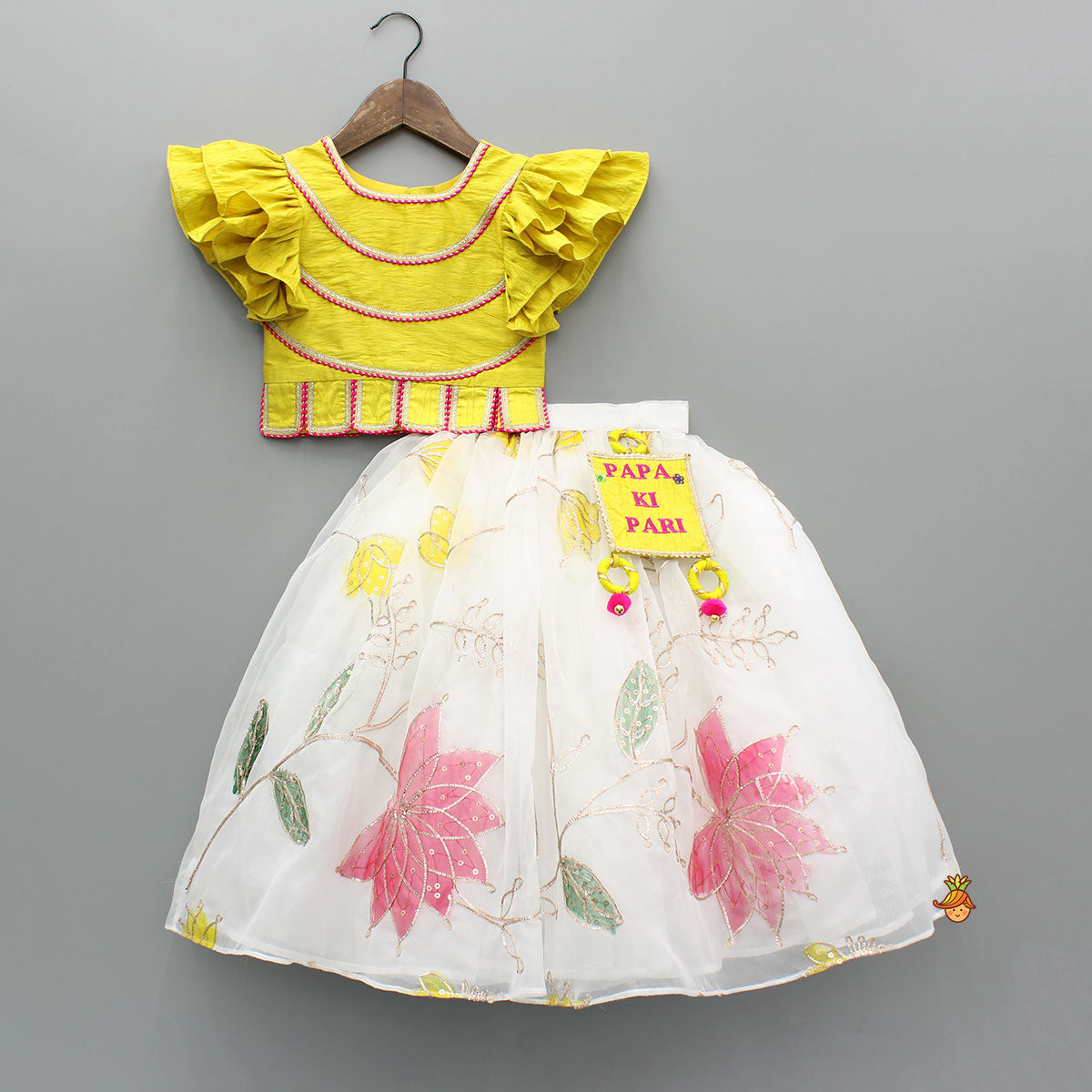 Yellow Lace Detailed Top And Lehenga With Dupatta