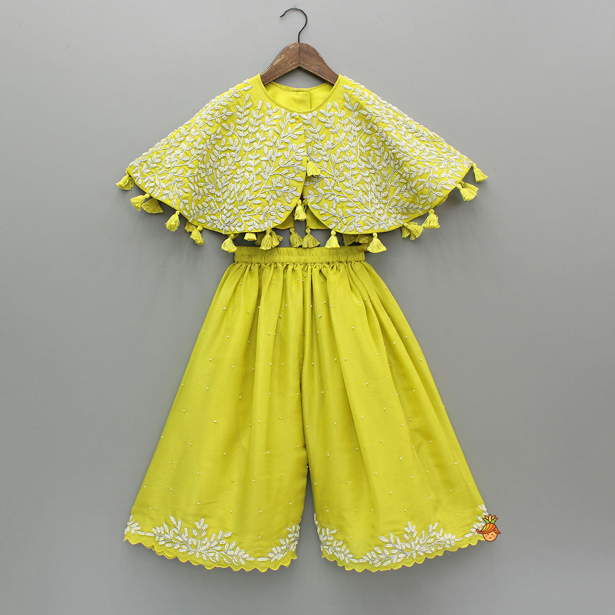 Green Embroidered And Embellished Cape Attached Top With Flared Palazzo