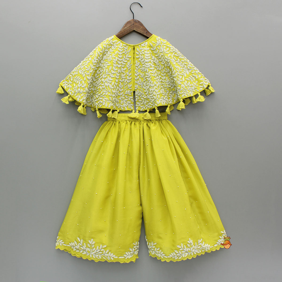Green Embroidered And Embellished Cape Attached Top With Flared Palazzo