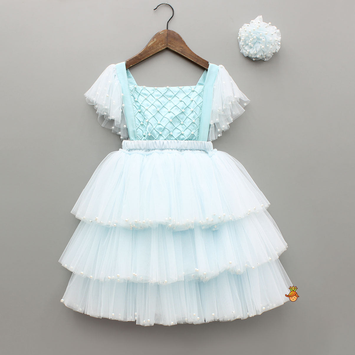 Blue Embellished Strappy Back Tie Up Frilly Layered Dress And Matching Hairclip