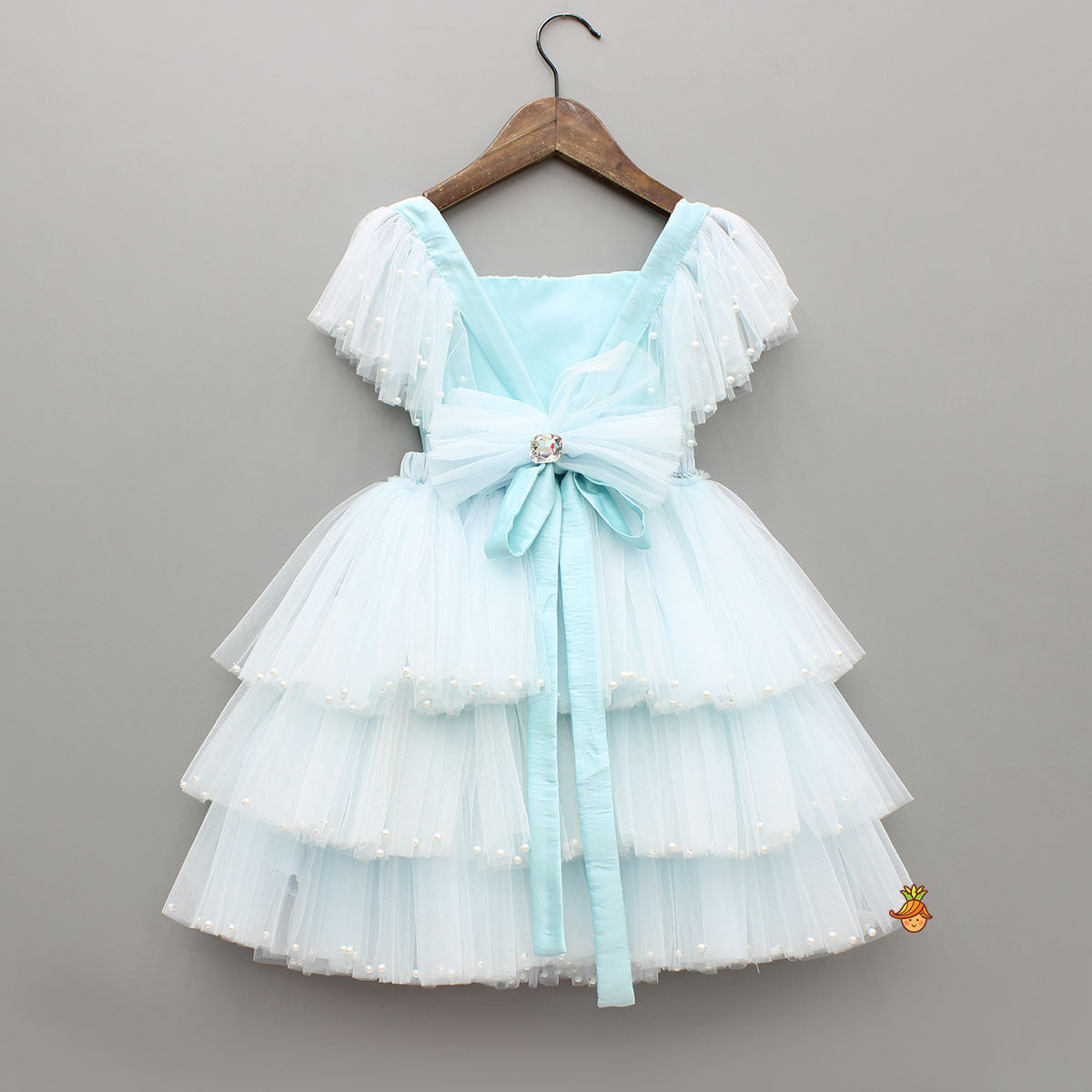 Blue Embellished Strappy Back Tie Up Frilly Layered Dress And Matching Hairclip