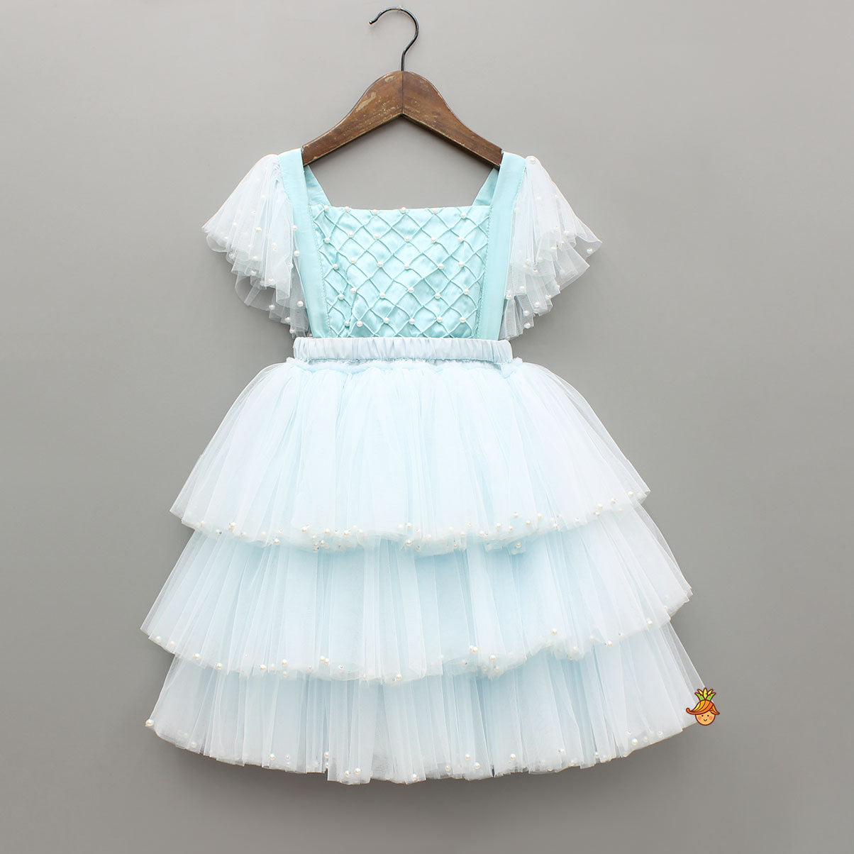 Blue Embellished Strappy Back Tie Up Frilly Layered Dress And Matching Hairclip