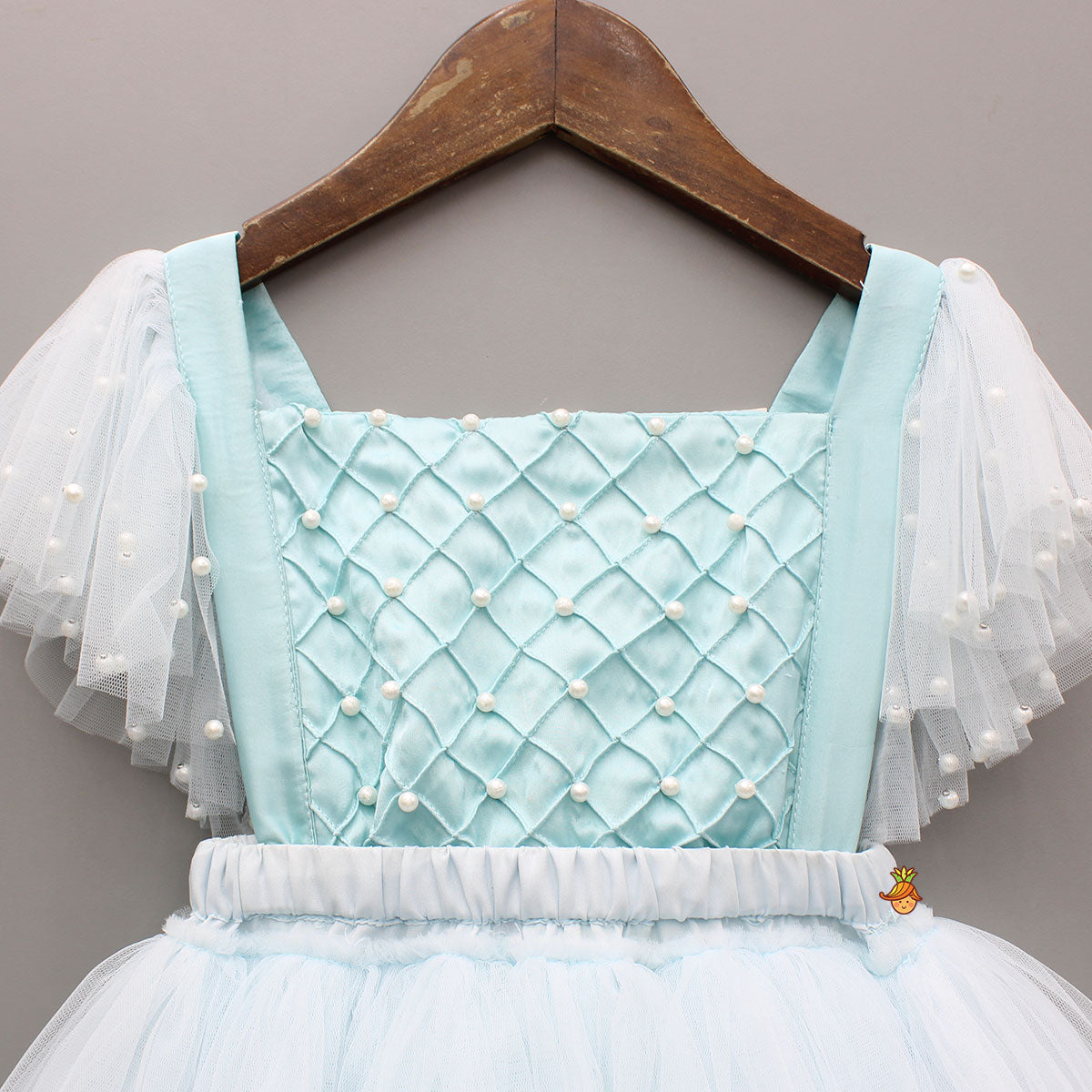 Blue Embellished Strappy Back Tie Up Frilly Layered Dress And Matching Hairclip