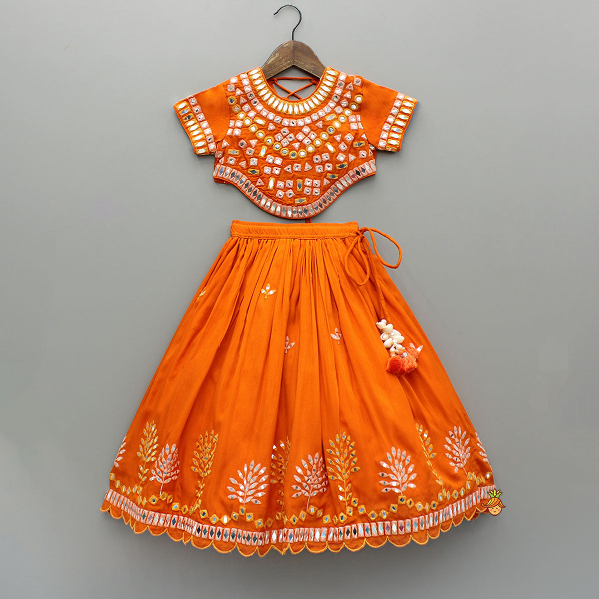 Orange Faux Mirror Embroidered Top And Lehenga
