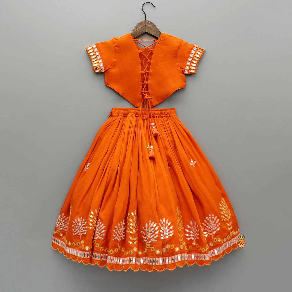 Orange Faux Mirror Embroidered Top And Lehenga