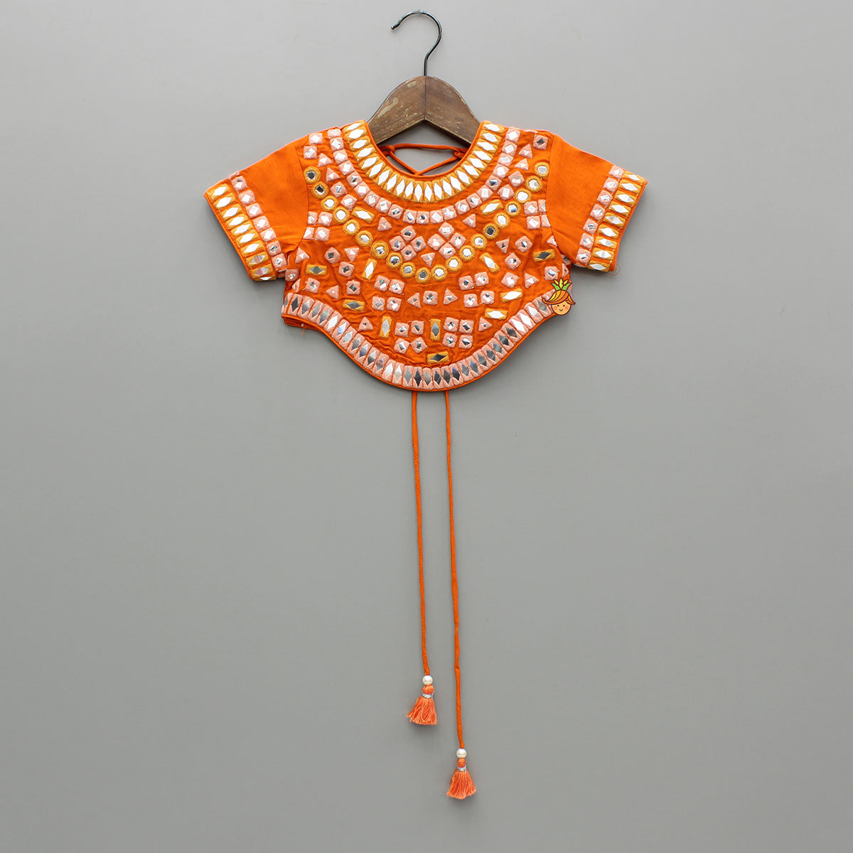 Orange Faux Mirror Embroidered Top And Lehenga