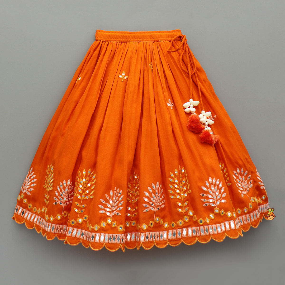 Orange Faux Mirror Embroidered Top And Lehenga