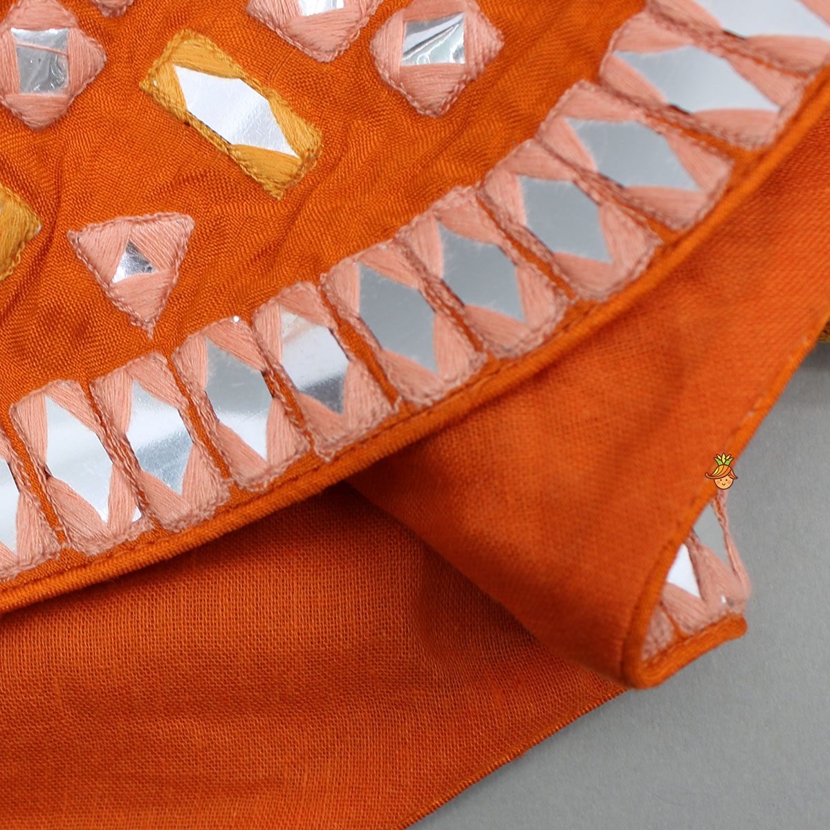 Orange Faux Mirror Embroidered Top And Lehenga
