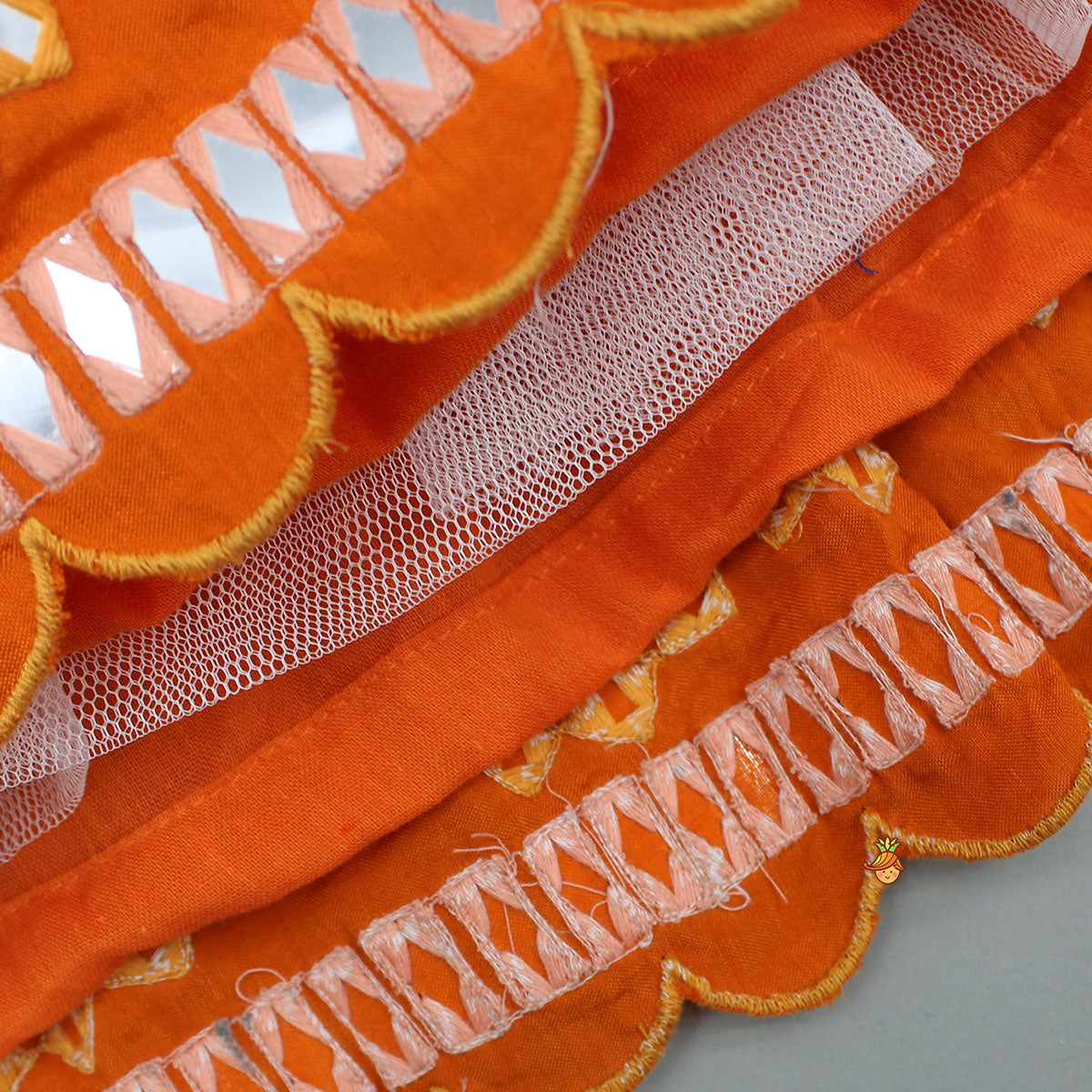 Orange Faux Mirror Embroidered Top And Lehenga