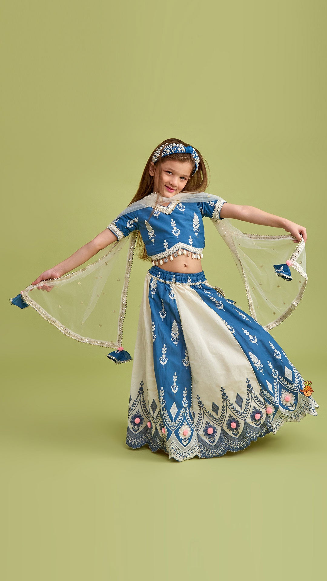 Embroidered Dual Tone Stylish Top And Lehenga With Net Dupatta