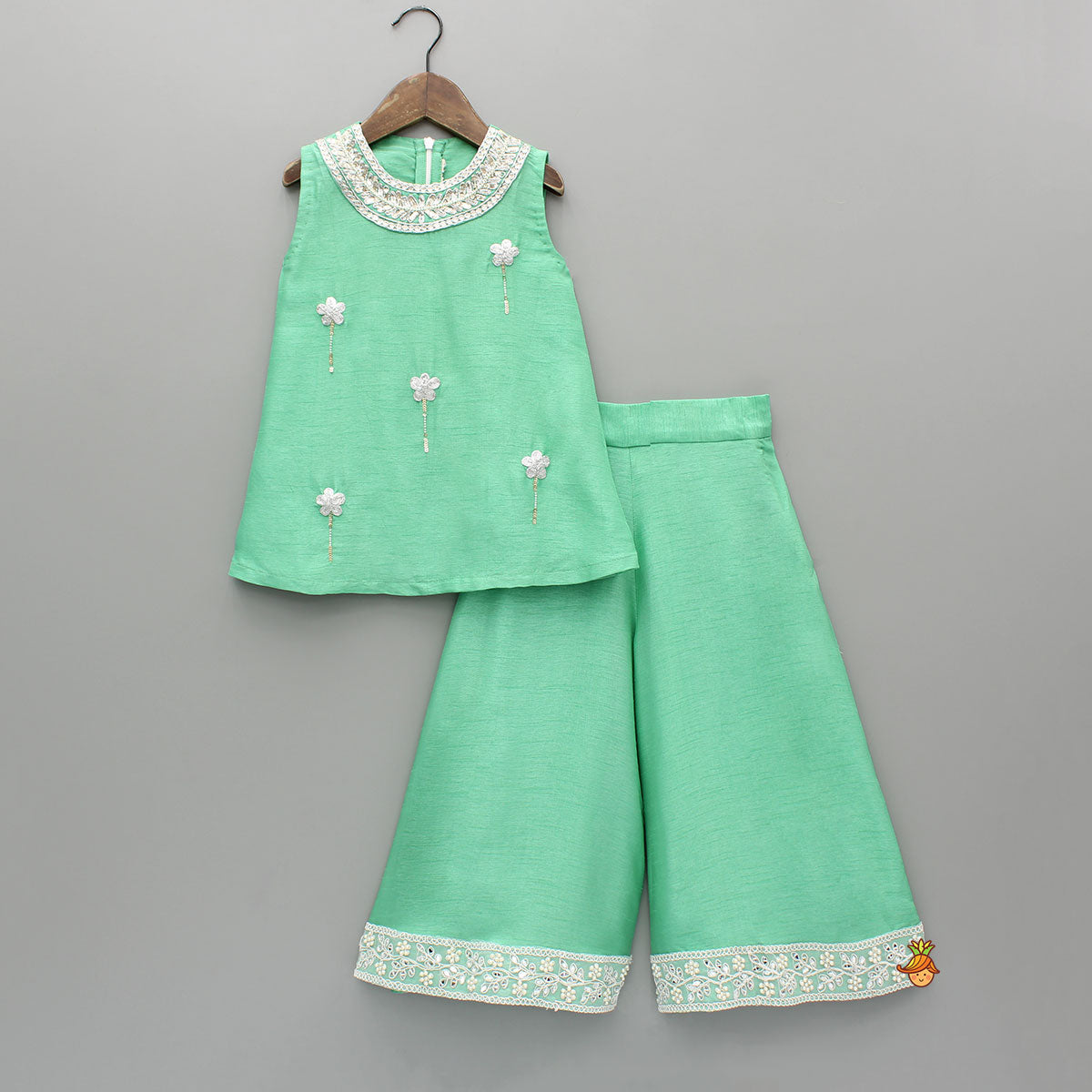 Green Embroidered Kurti And Flared Palazzo