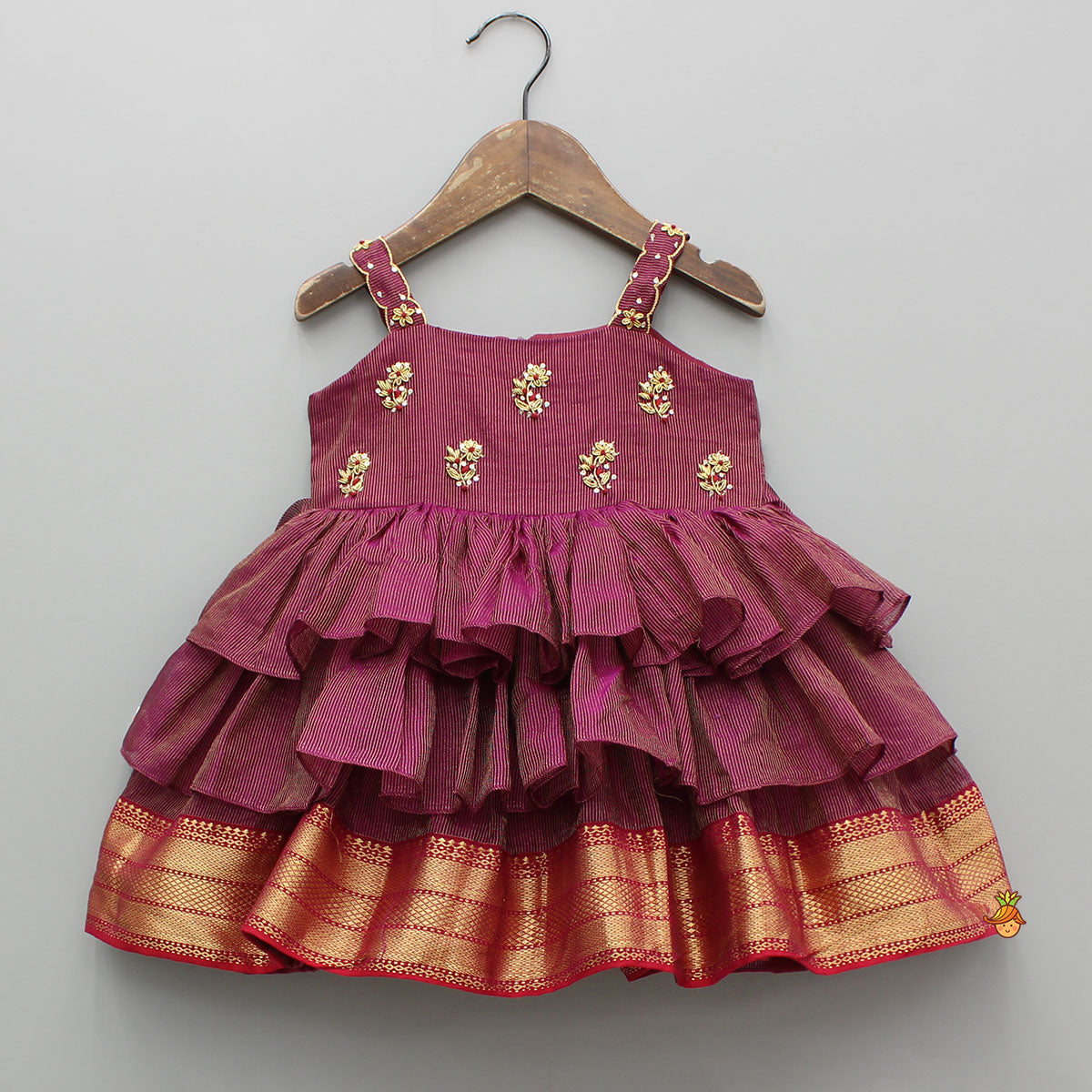 Embroidered Maroon Strappy Layered Dress