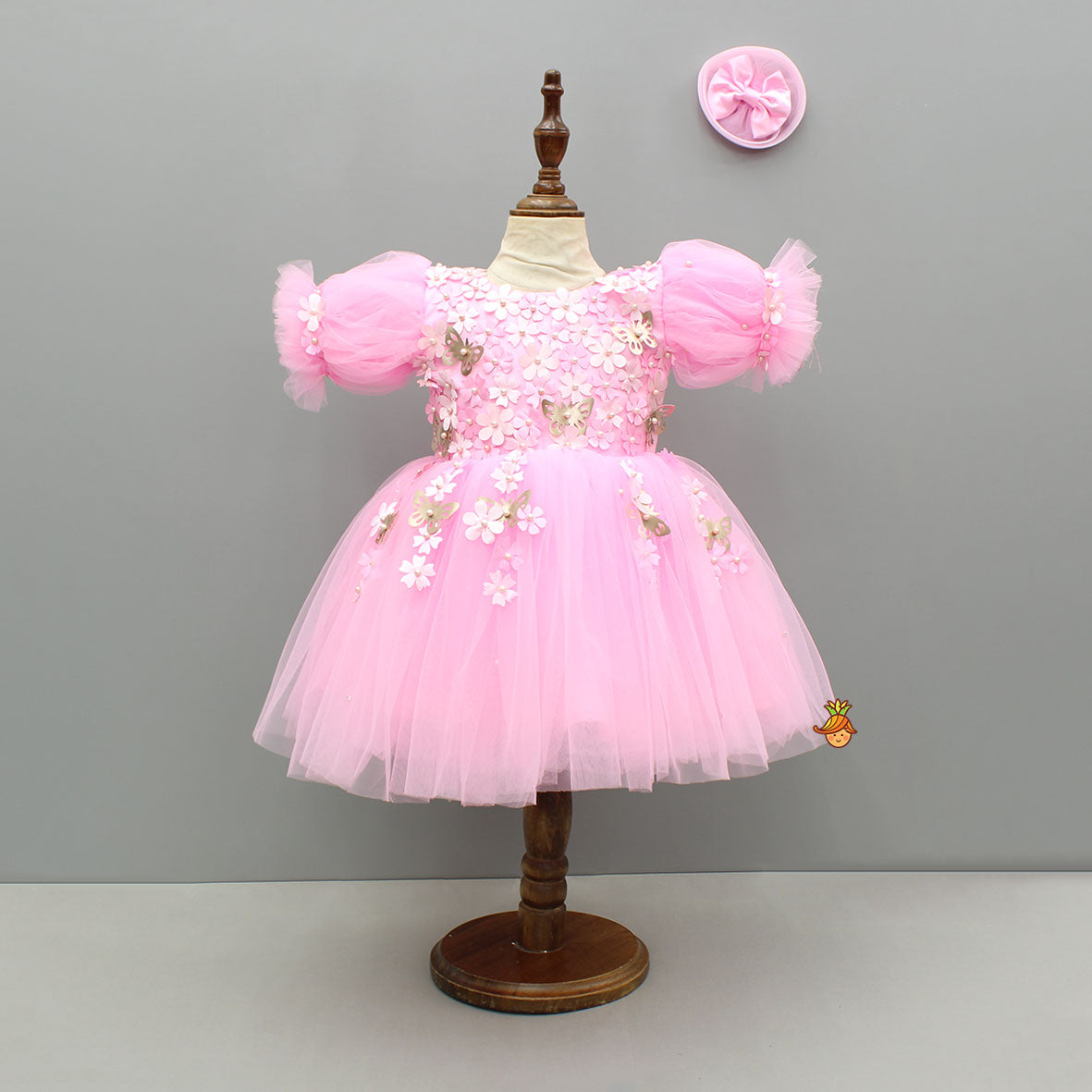 Pink Embellished Dress With Butterfly Wings And Swirled Bow Hairclip