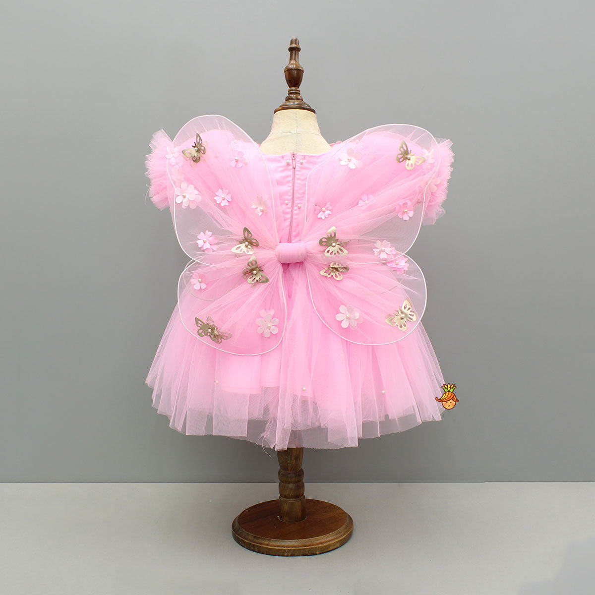 Pink Embellished Dress With Butterfly Wings And Swirled Bow Hairclip