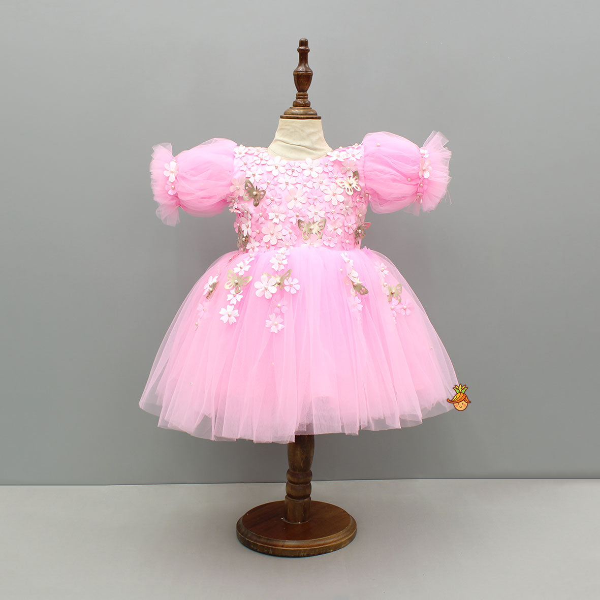 Pink Embellished Dress With Butterfly Wings And Swirled Bow Hairclip