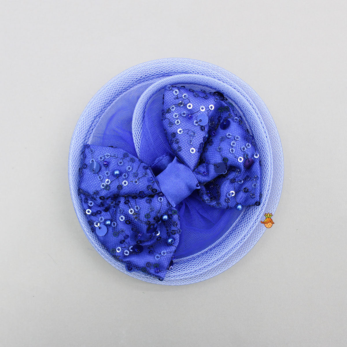 Sequined Ruffled Blue Dress With Bows And Matching Swirled Bow Hairclip