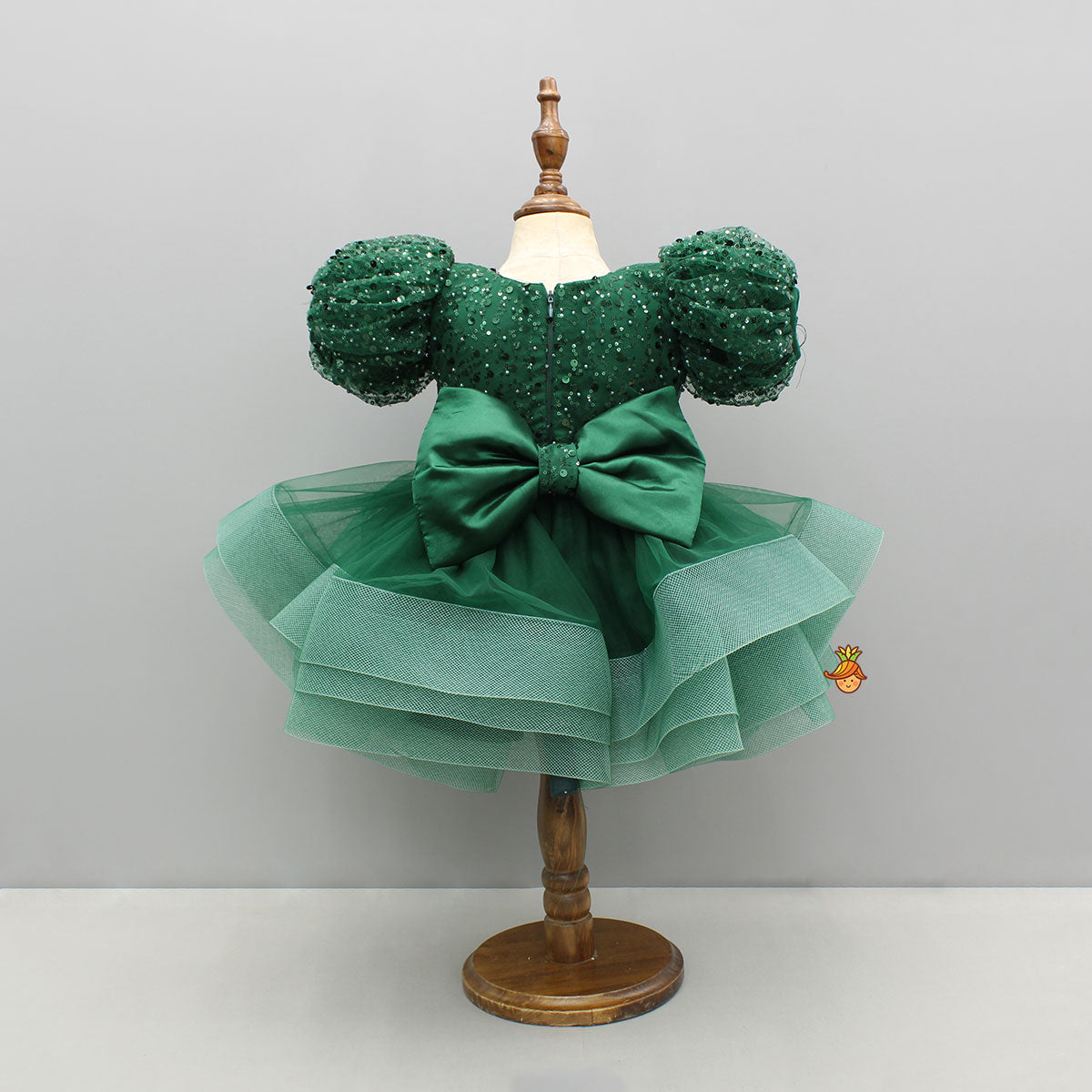 Green Sequined Ruffled Dress With Bows And Matching Swirled Bow Hairclip