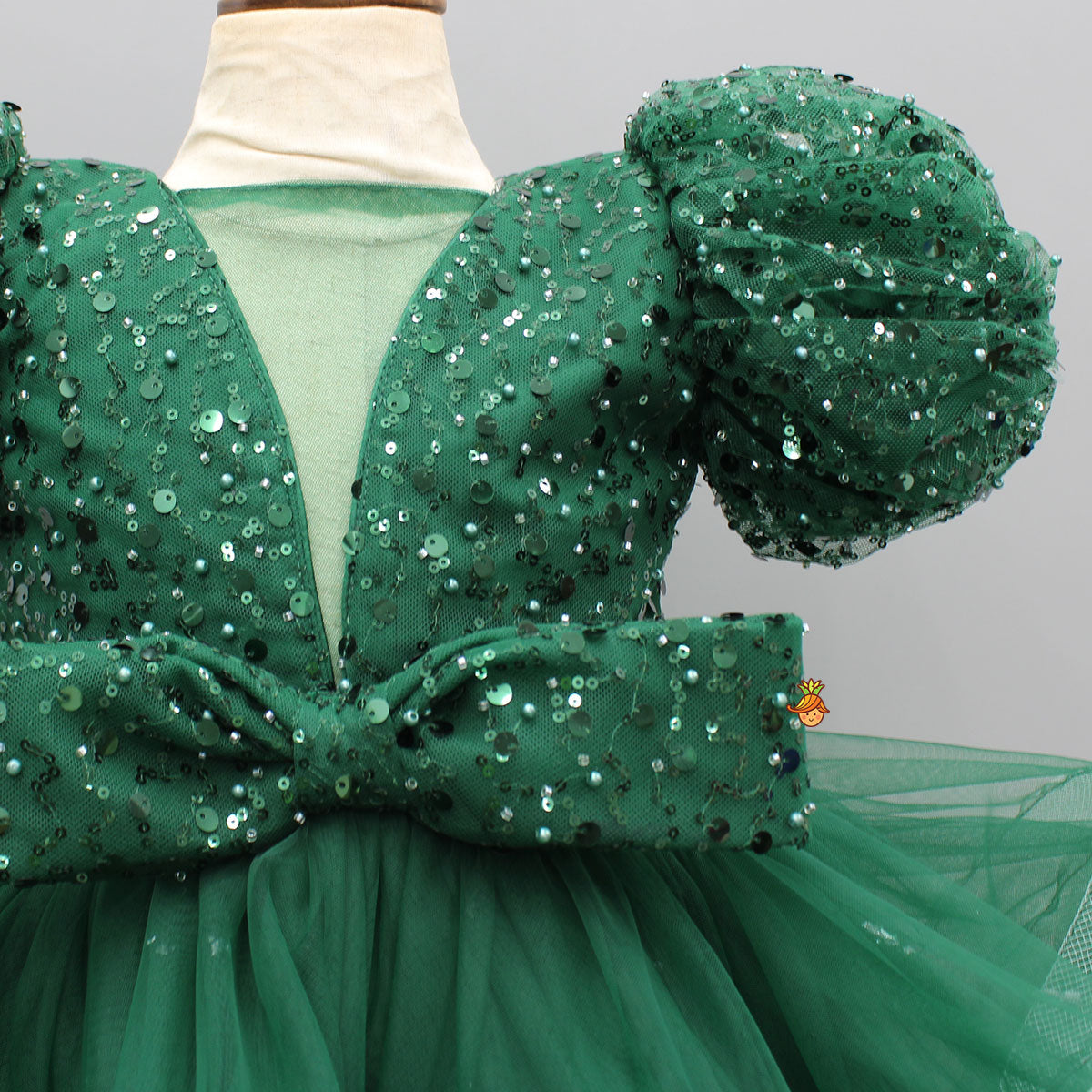 Green Sequined Ruffled Dress With Bows And Matching Swirled Bow Hairclip