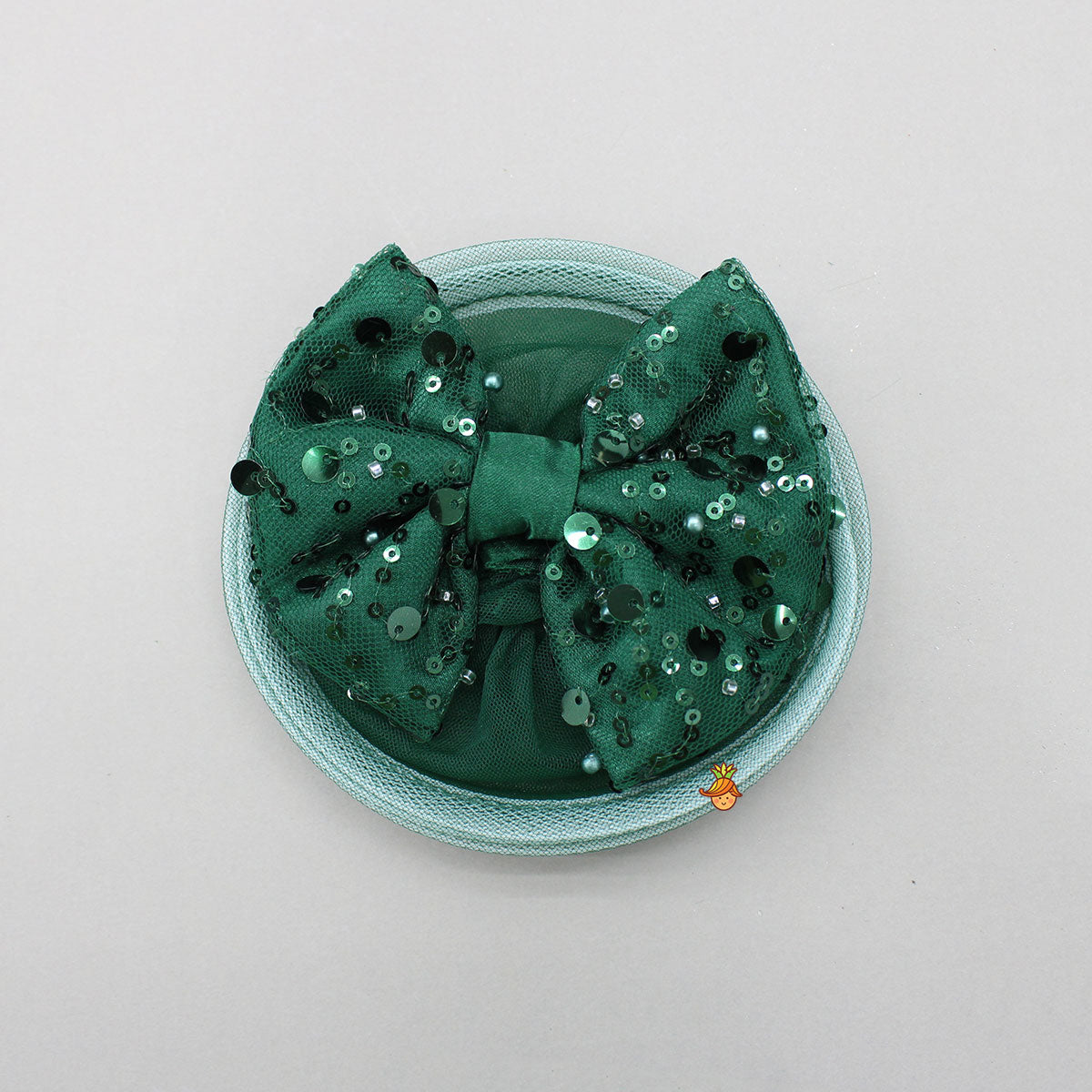 Green Sequined Ruffled Dress With Bows And Matching Swirled Bow Hairclip
