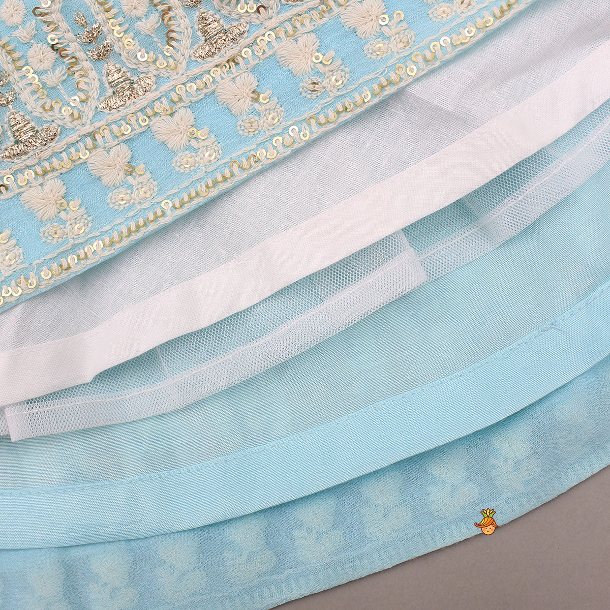 Blue Embroidered Top And Lehenga With Dupatta And Matching Potli Bag