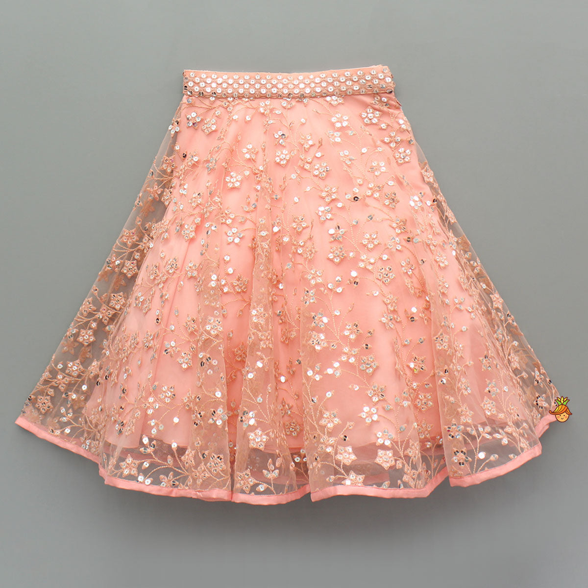 Peach Draped Knot Mirror Detailed Top With Embroidered Flared Lehenga And Dupatta