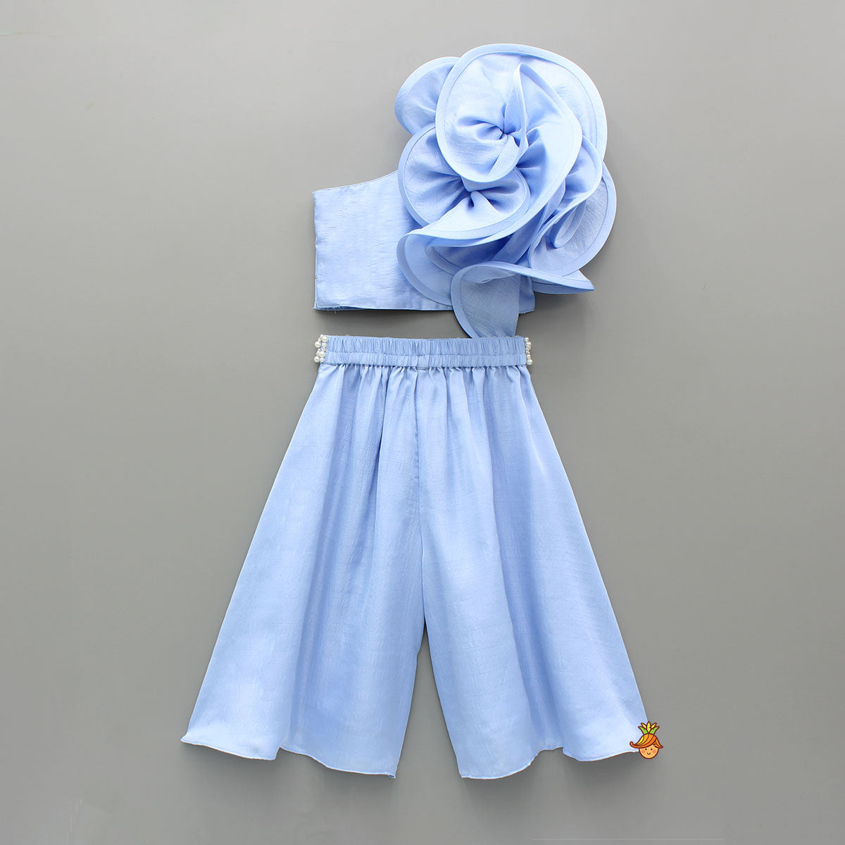 Blue Swirled Flower Embellished One Shoulder Top And Flared Palazzo