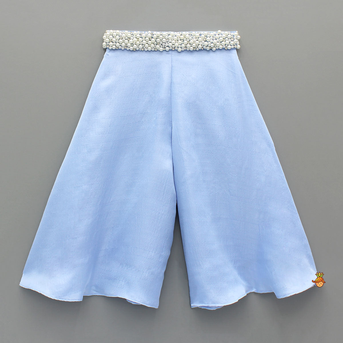 Blue Swirled Flower Embellished One Shoulder Top And Flared Palazzo