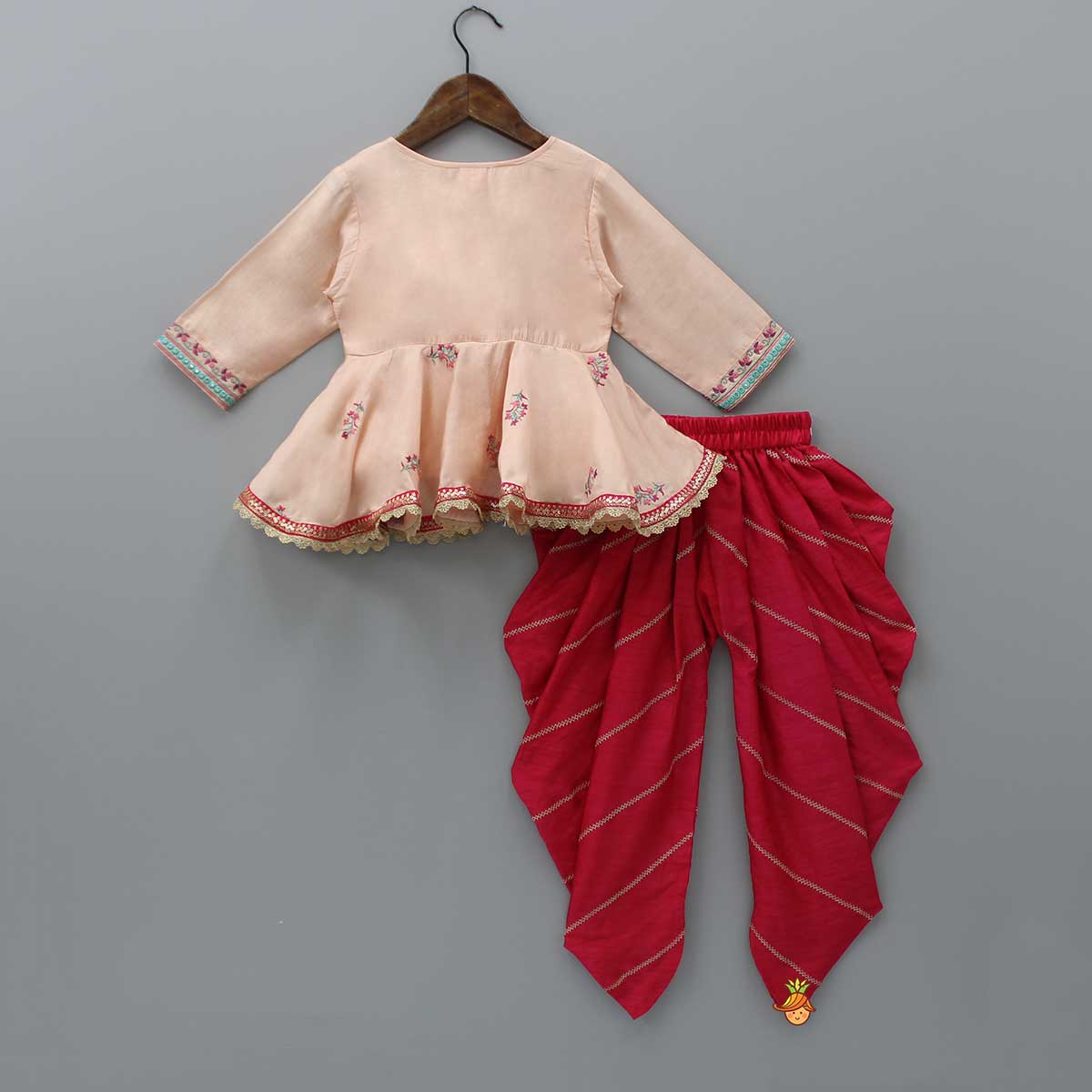 Peach Thread Embroidered Top With Pleated Dhoti