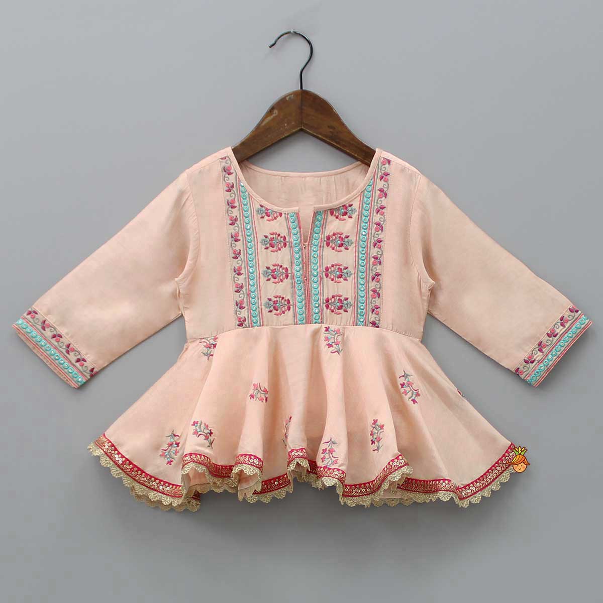 Peach Thread Embroidered Top With Pleated Dhoti