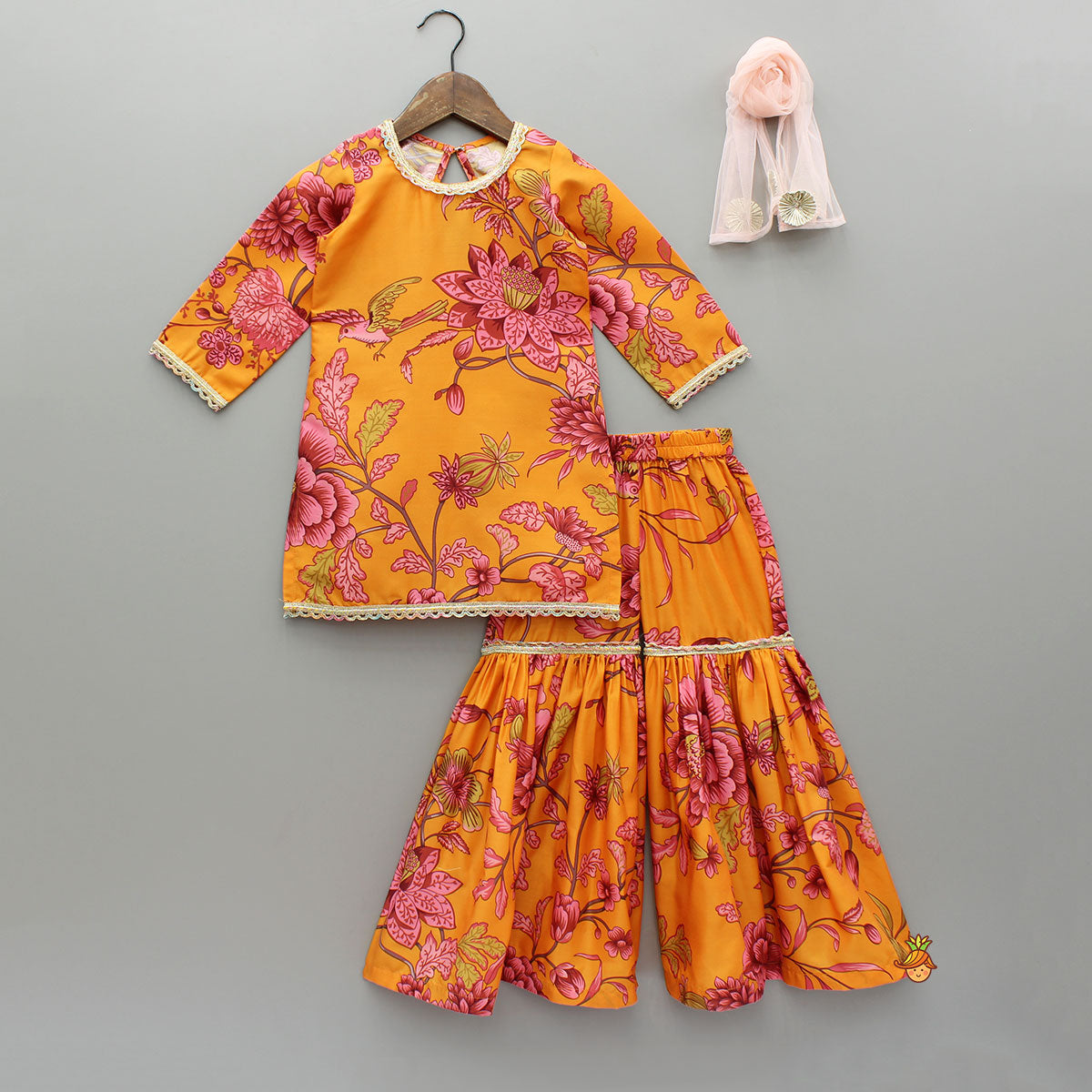 Floral Printed Kurti And Sharara With Dupatta